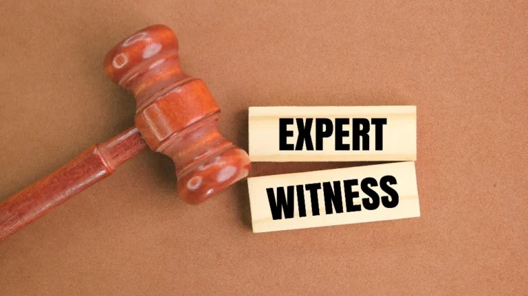 Wooden judge's gavel next to two wooden blocks with the words "EXPERT WITNESS" on a brown background.