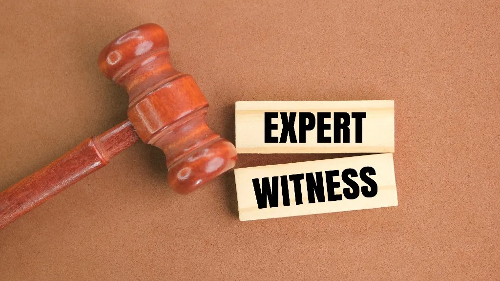 Wooden judge's gavel next to two wooden blocks with the words "EXPERT WITNESS" on a brown background.